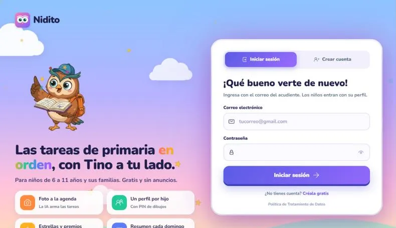 Pantalla de inicio de Nidito: "Las tareas de primaria en orden, con Tino a tu lado"